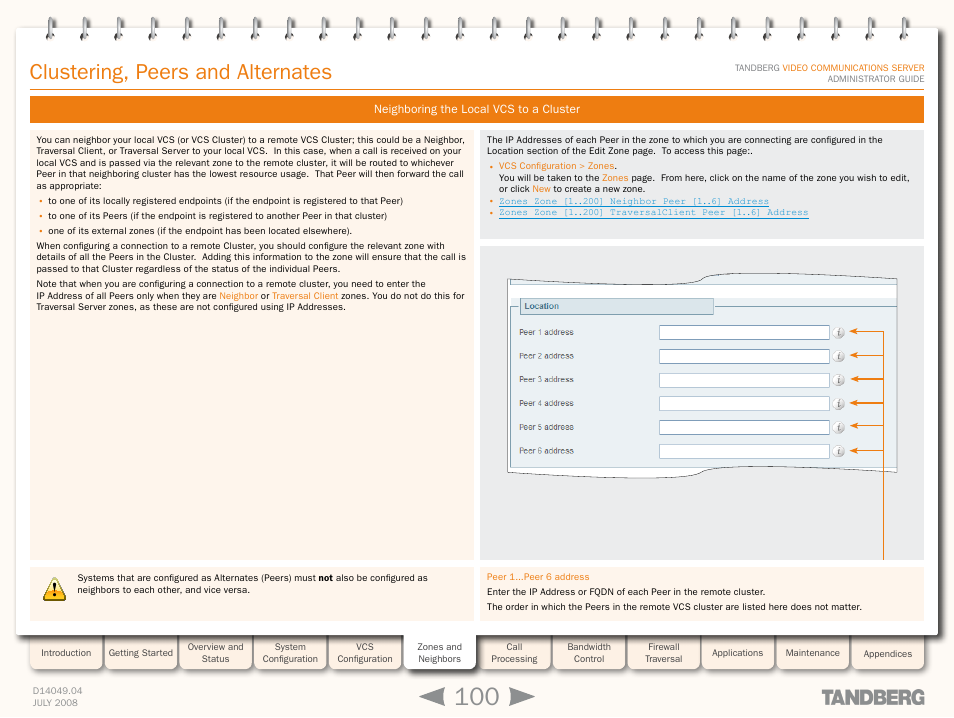 Neighboring the local vcs to a cluster, Clustering, peers and alternates | TANDBERG D14049.04 User Manual | Page 100 / 276