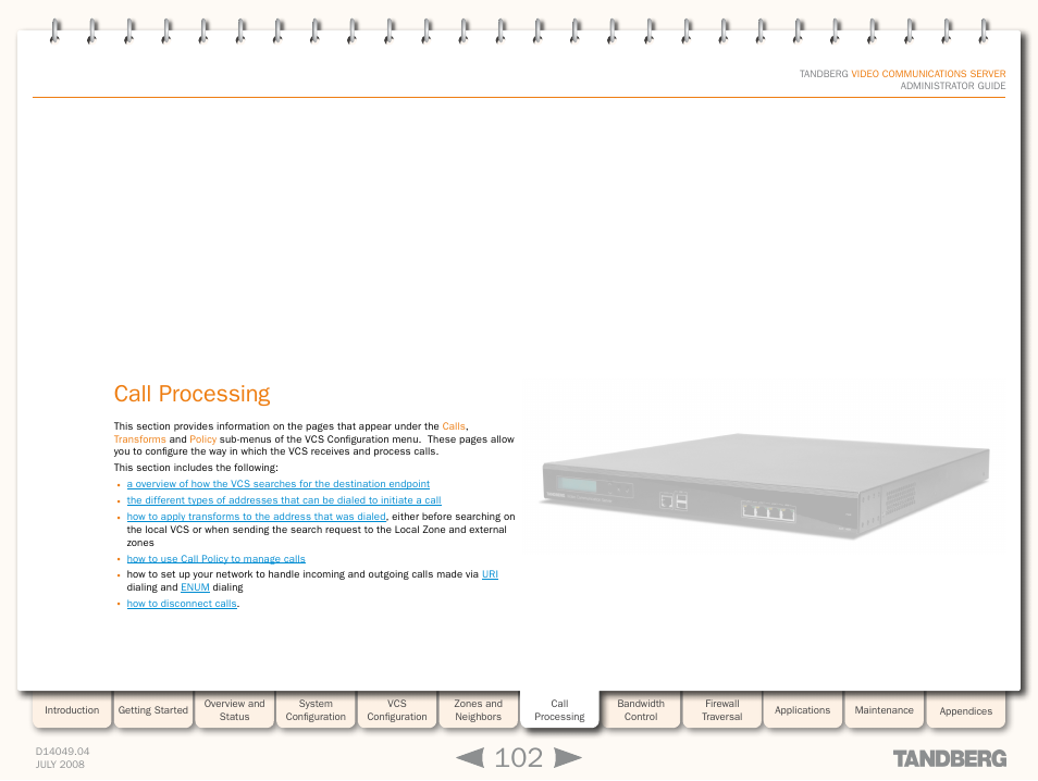 Call processing, Call, Processing | Quick setup | TANDBERG D14049.04 User Manual | Page 102 / 276