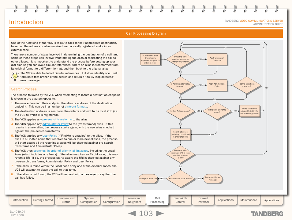 Introduction, Call processing diagram, Search process | TANDBERG D14049.04 User Manual | Page 103 / 276