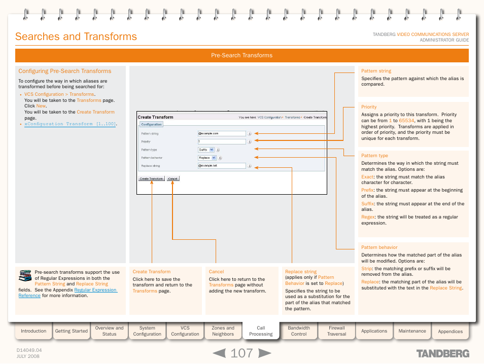 Configuring pre-search transforms, Searches and transforms | TANDBERG D14049.04 User Manual | Page 107 / 276