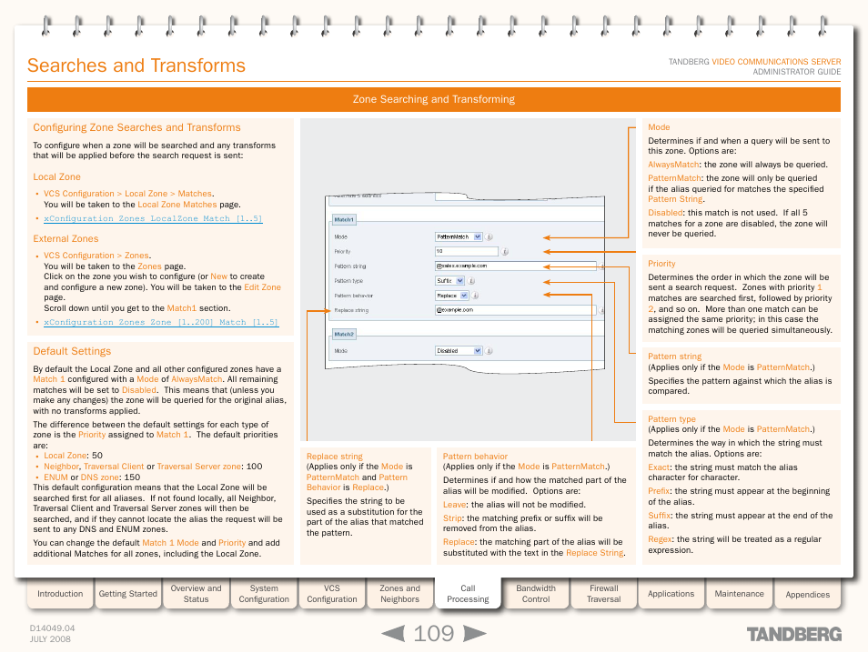 Configuring zone searches and transforms, Local zone, External zones | Default settings, Local zone external zones, Searches and transforms | TANDBERG D14049.04 User Manual | Page 109 / 276