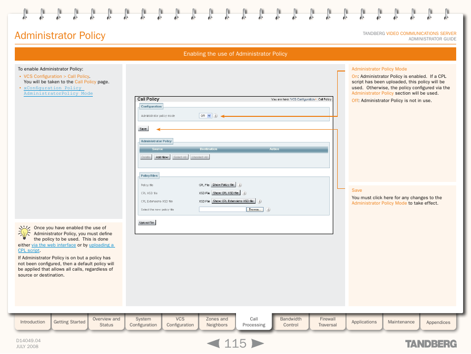 Enabling the use of administrator policy, Administrator policy | TANDBERG D14049.04 User Manual | Page 115 / 276