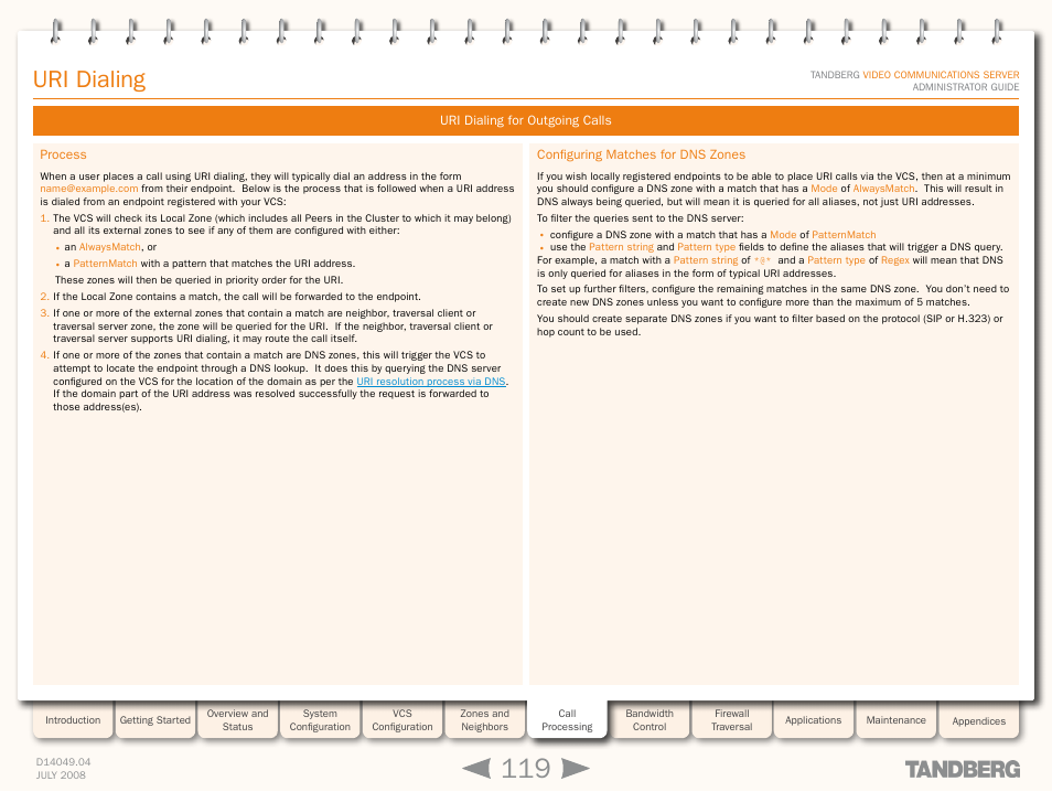 Uri dialing for outgoing calls, Process, Configuring matches for dns zones | Process configuring matches for dns zones, Configuring uri, Dialing for outgoing calls, Uri dialing | TANDBERG D14049.04 User Manual | Page 119 / 276