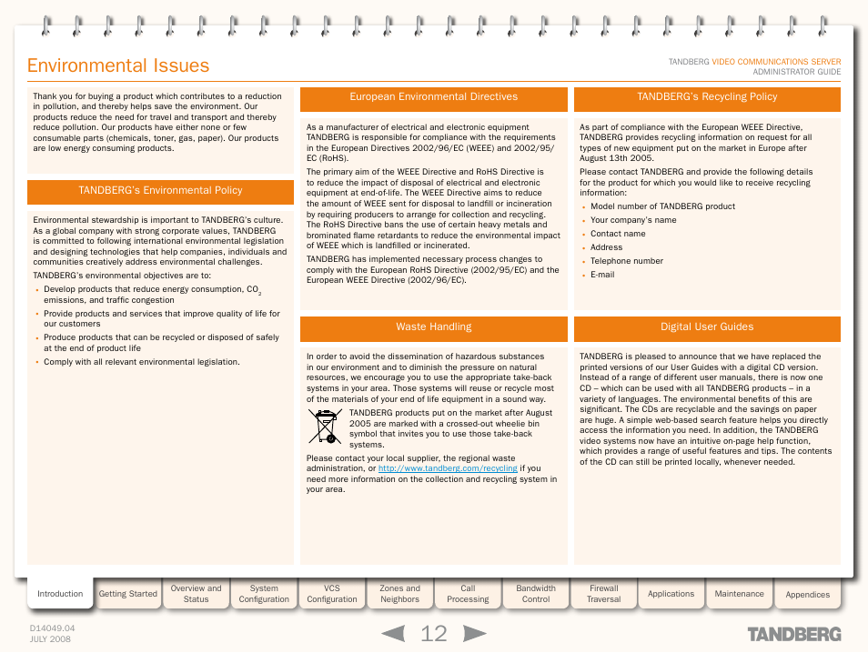 Environmental issues, Tandberg’s environmental policy, European environmental directives | Waste handling, Tandberg’s recycling policy, Digital user guides | TANDBERG D14049.04 User Manual | Page 12 / 276