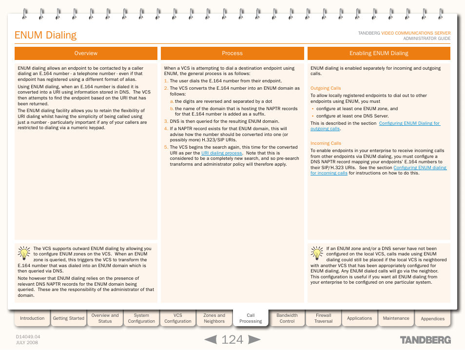 Enum dialing, Overview, Process | Enabling enum dialing, Overview process enabling enum dialing, Enum | TANDBERG D14049.04 User Manual | Page 124 / 276