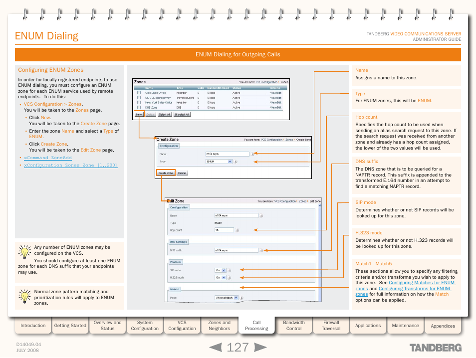 Configuring enum zones, Configure an enum zone, Enum dialing | TANDBERG D14049.04 User Manual | Page 127 / 276