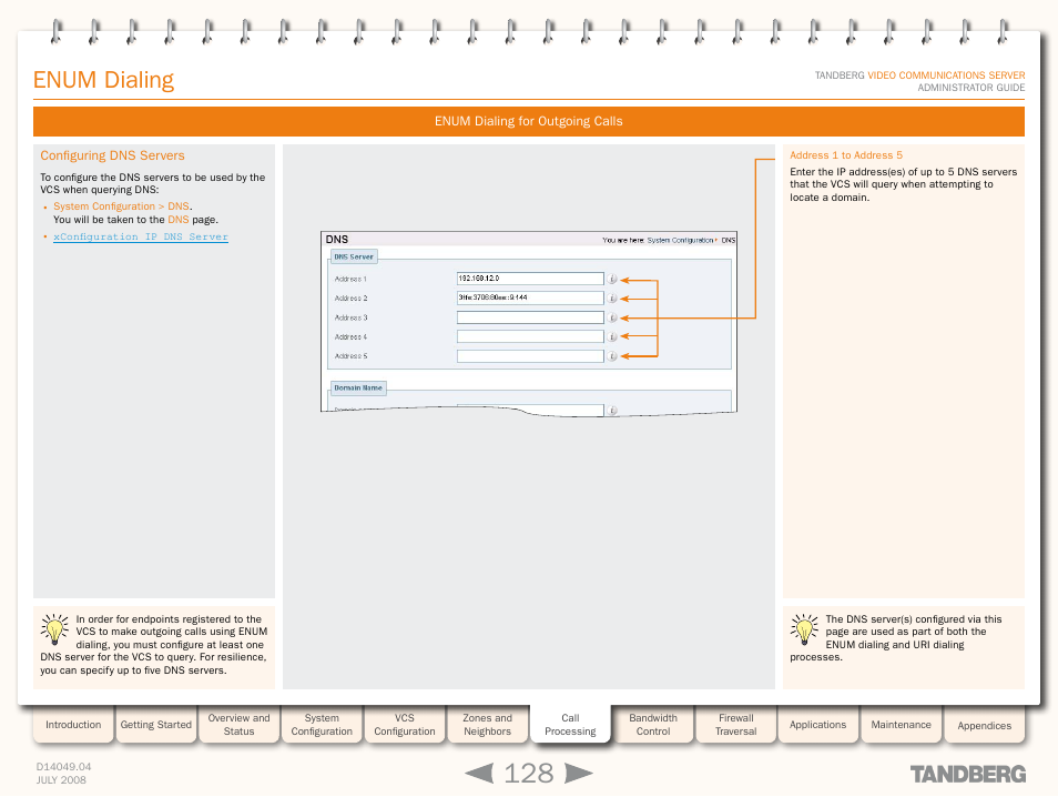 Configuring dns servers, One dns server, Enum dialing | TANDBERG D14049.04 User Manual | Page 128 / 276