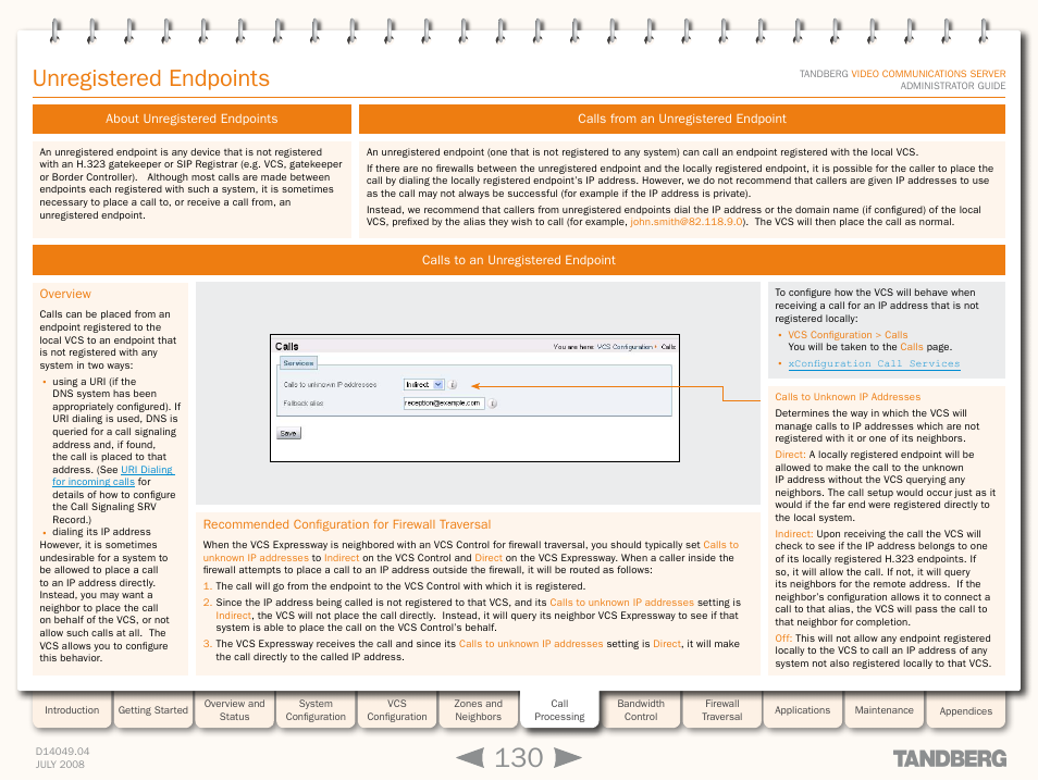 Unregistered endpoints, About unregistered endpoints, Calls to an unregistered endpoint | Overview, Recommended configuration for firewall traversal, Calls from an unregistered endpoint, Calls to unknown ip addresses | TANDBERG D14049.04 User Manual | Page 130 / 276