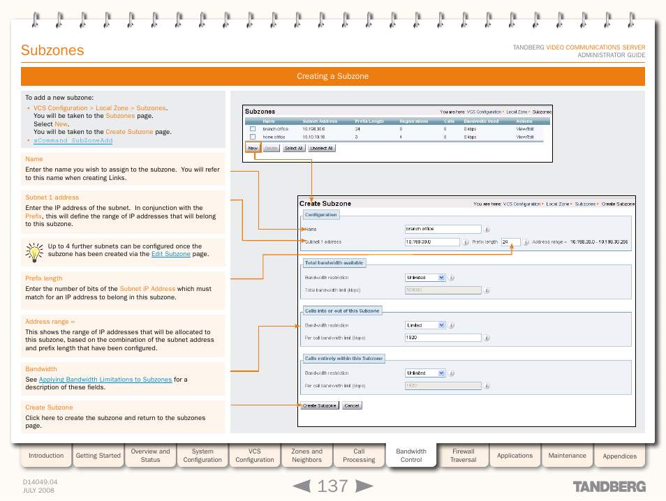 Creating a subzone, Subzones | TANDBERG D14049.04 User Manual | Page 137 / 276