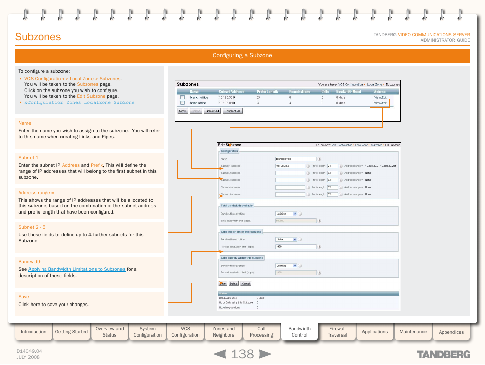 Configuring a subzone, Edit subzone, Subzones | TANDBERG D14049.04 User Manual | Page 138 / 276