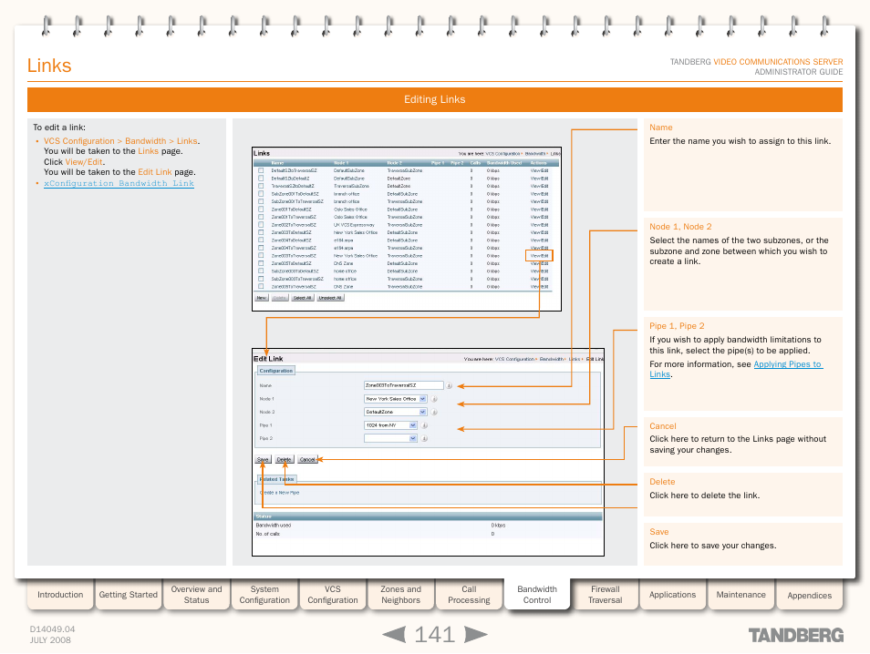 Editing links, Links | TANDBERG D14049.04 User Manual | Page 141 / 276