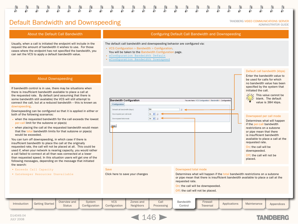 Default bandwidth and downspeeding, About the default call bandwidth, About downspeeding | TANDBERG D14049.04 User Manual | Page 146 / 276