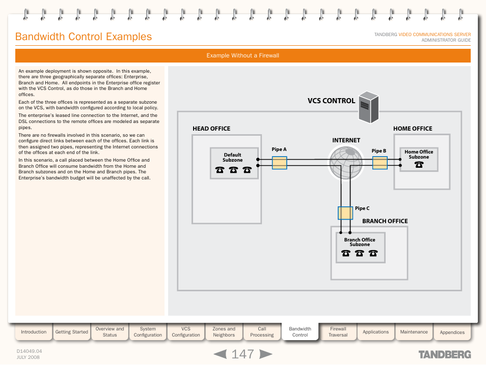 Bandwidth control examples, Example without a firewall, Vcs control | TANDBERG D14049.04 User Manual | Page 147 / 276