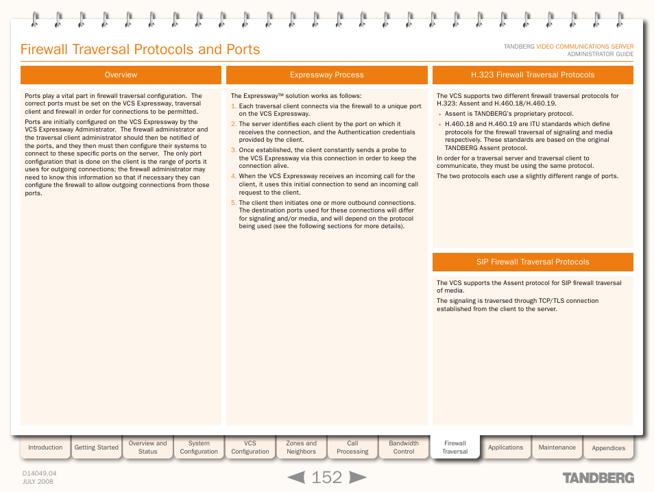 Firewall traversal protocols and ports, Overview, Expressway process | H.323 firewall traversal protocols, Sip firewall traversal protocols, Firewall traversal, Protocols, Firewall traversal protocols | TANDBERG D14049.04 User Manual | Page 152 / 276