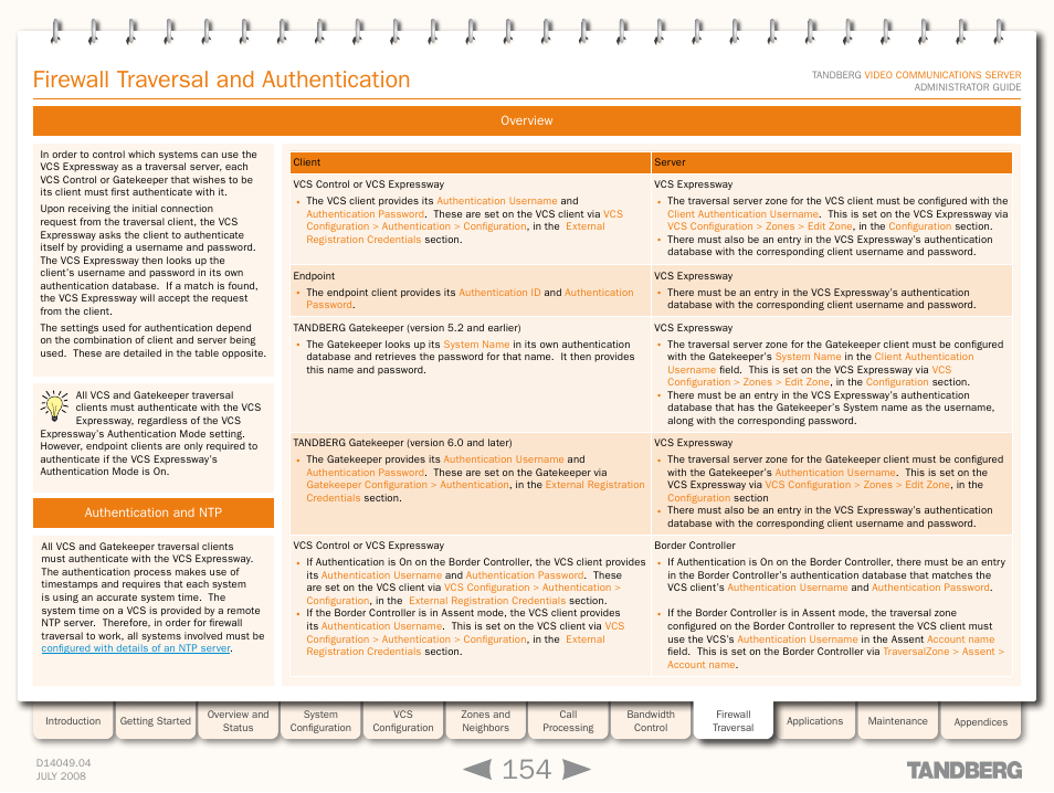 Firewall traversal and authentication, Overview, Authentication and ntp | Overview authentication and ntp | TANDBERG D14049.04 User Manual | Page 154 / 276