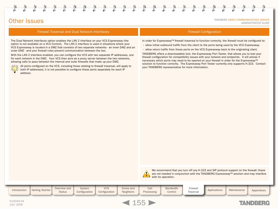 Other issues, Firewall traversal and dual network interfaces, Firewall configuration | TANDBERG D14049.04 User Manual | Page 155 / 276