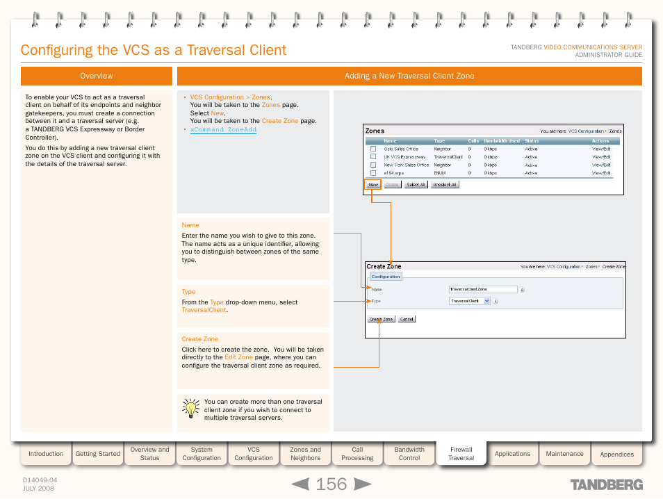 Configuring the vcs as a traversal client, Overview, Adding a new traversal client zone | Overview adding a new traversal client zone | TANDBERG D14049.04 User Manual | Page 156 / 276