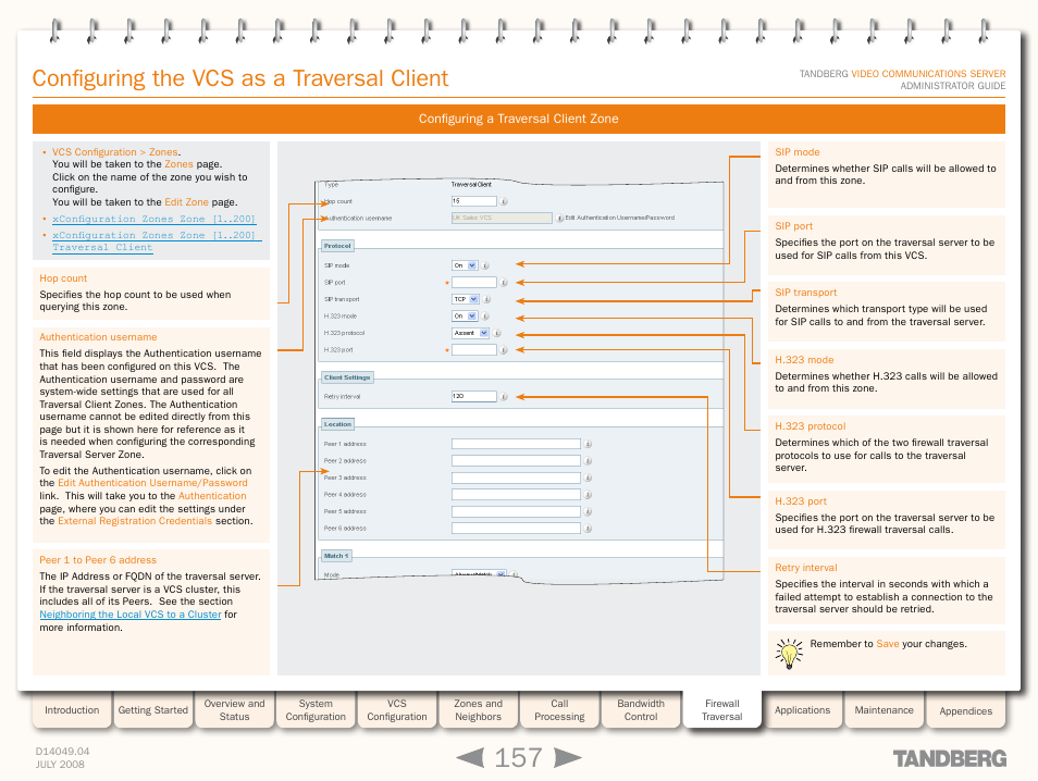 Configuring a traversal client zone, Configuring the vcs as a traversal client | TANDBERG D14049.04 User Manual | Page 157 / 276