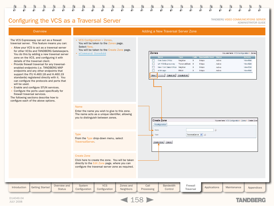 Configuring the vcs as a traversal server, Overview, Adding a new traversal server zone | Overview adding a new traversal server zone, Configuring the vcs as a traversal, Server | TANDBERG D14049.04 User Manual | Page 158 / 276