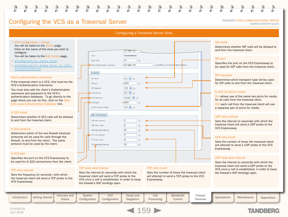 Configuring a traversal server zone, Configuring the vcs as a traversal server | TANDBERG D14049.04 User Manual | Page 159 / 276