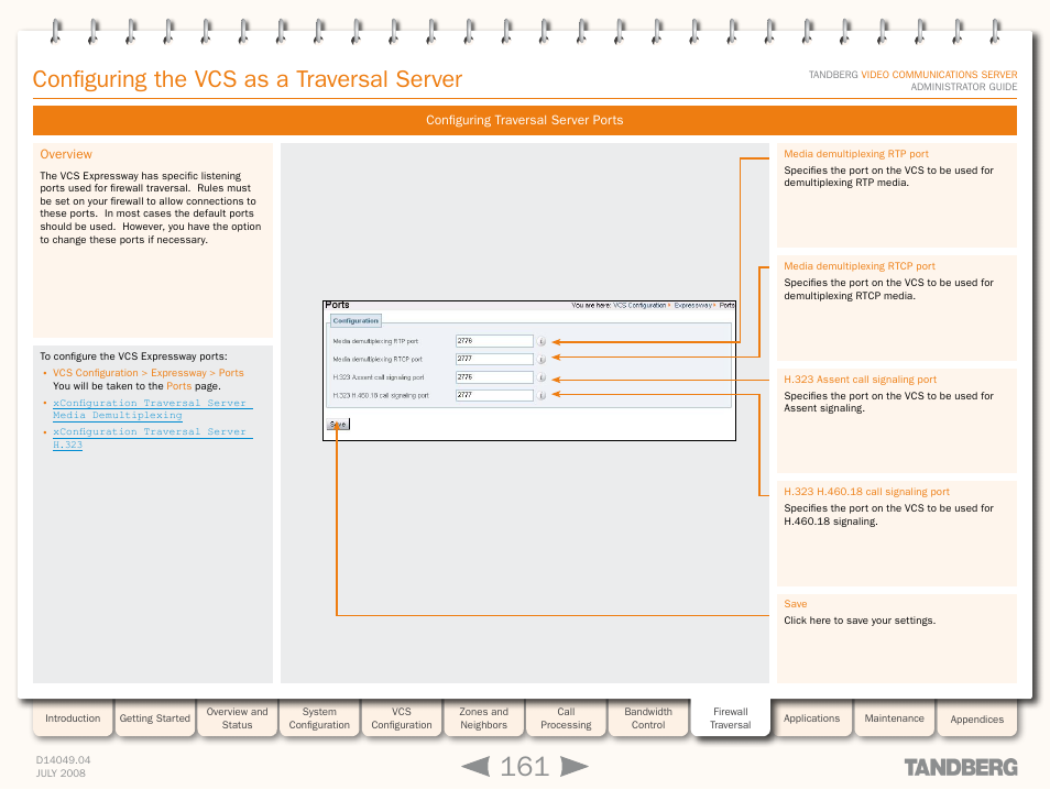 Configuring traversal server ports, Overview, Configuring the vcs as a traversal server | TANDBERG D14049.04 User Manual | Page 161 / 276