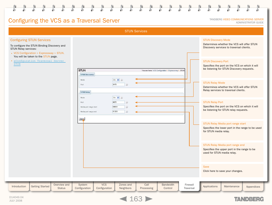 Configuring stun services, Configuring the vcs as a traversal server | TANDBERG D14049.04 User Manual | Page 163 / 276