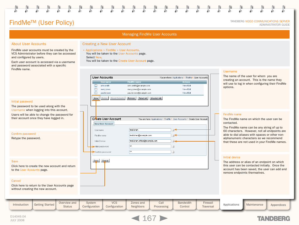 Managing findme user accounts, About user accounts, Creating a new user account | About user accounts creating a new user account, Findme™ (user policy) | TANDBERG D14049.04 User Manual | Page 167 / 276