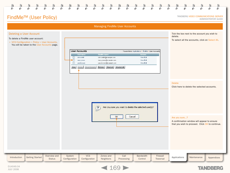 Deleting a user account, Findme™ (user policy) | TANDBERG D14049.04 User Manual | Page 169 / 276