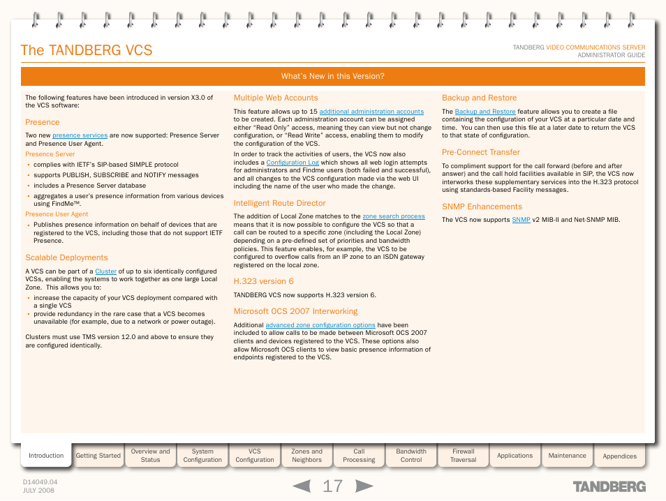 What’s new in this version, Presence, Scalable deployments | Multiple web accounts, Intelligent route director, H.323 version 6, Microsoft ocs 2007 interworking, Backup and restore, Pre-connect transfer, Snmp enhancements | TANDBERG D14049.04 User Manual | Page 17 / 276