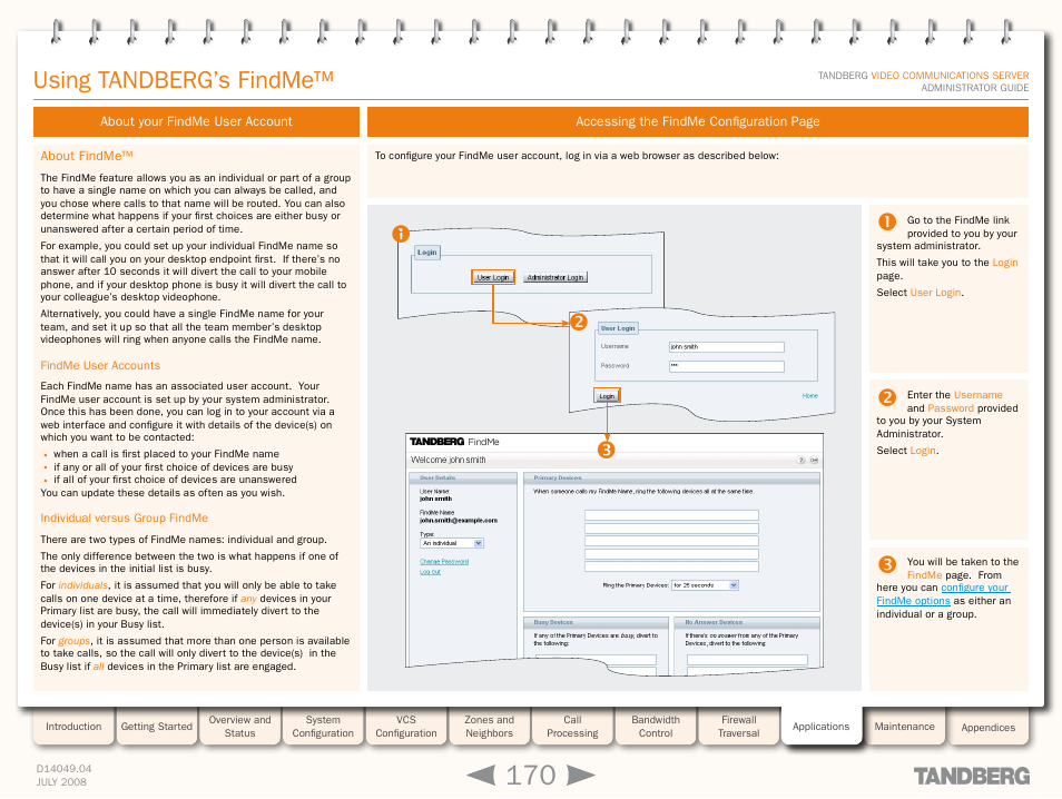 Using tandberg’s findme, About your findme user account, About findme | Findme user accounts, Individual versus group findme | TANDBERG D14049.04 User Manual | Page 170 / 276