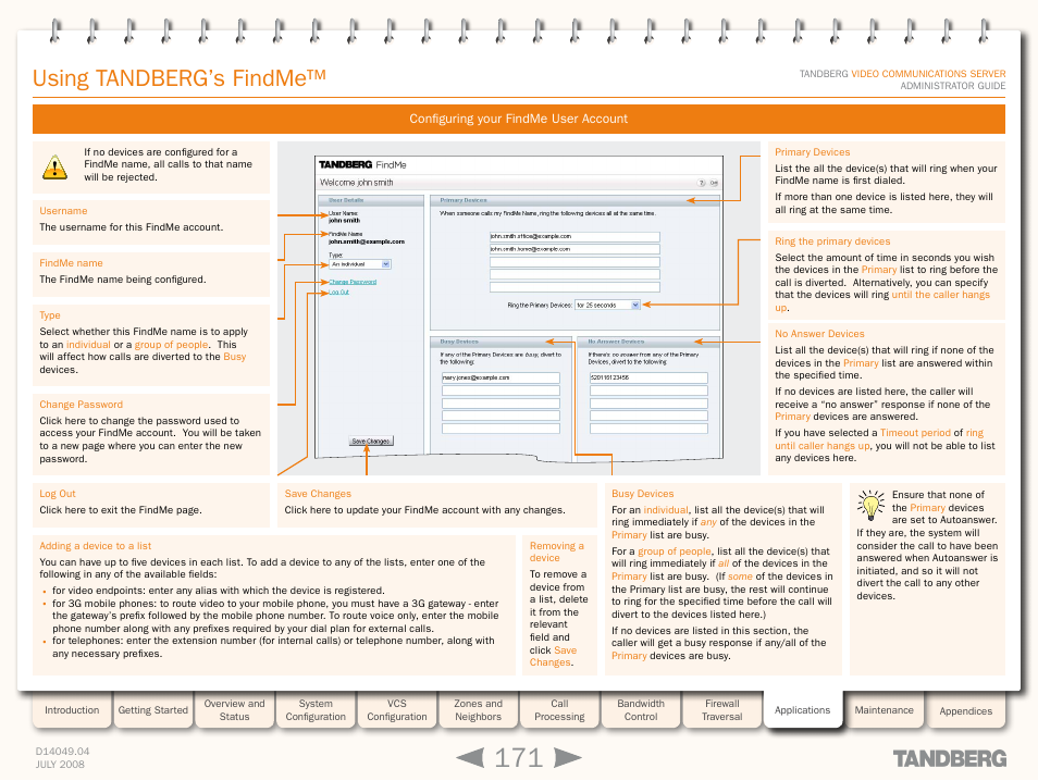 Configuring your findme user account, Configure your, Findme options | Using tandberg’s findme | TANDBERG D14049.04 User Manual | Page 171 / 276