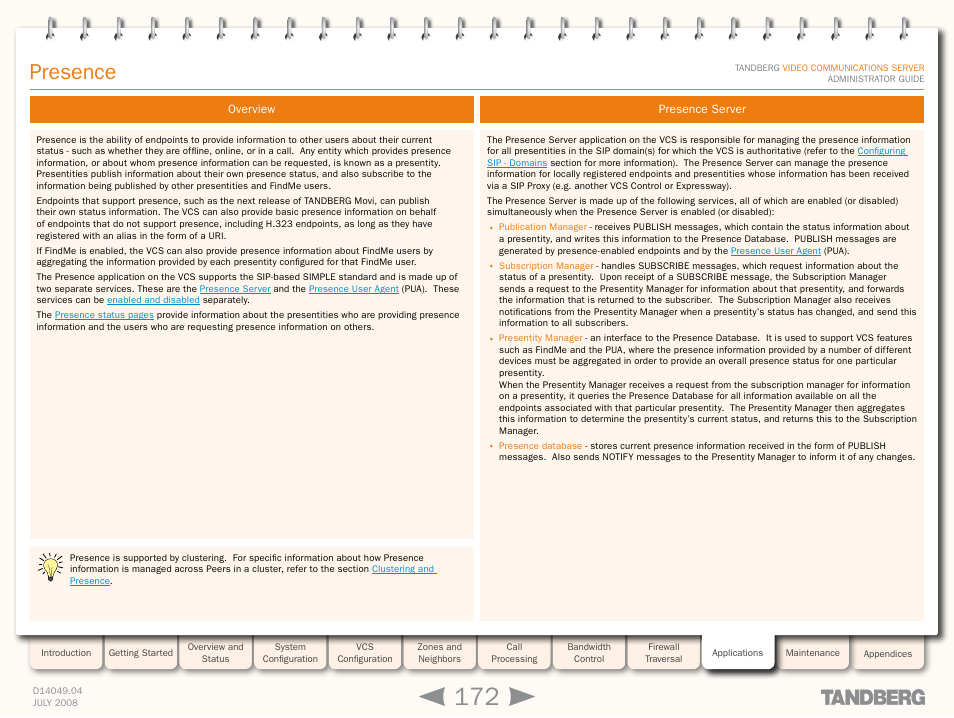 Presence, Overview, Presence server | Overview presence server, Presenc | TANDBERG D14049.04 User Manual | Page 172 / 276