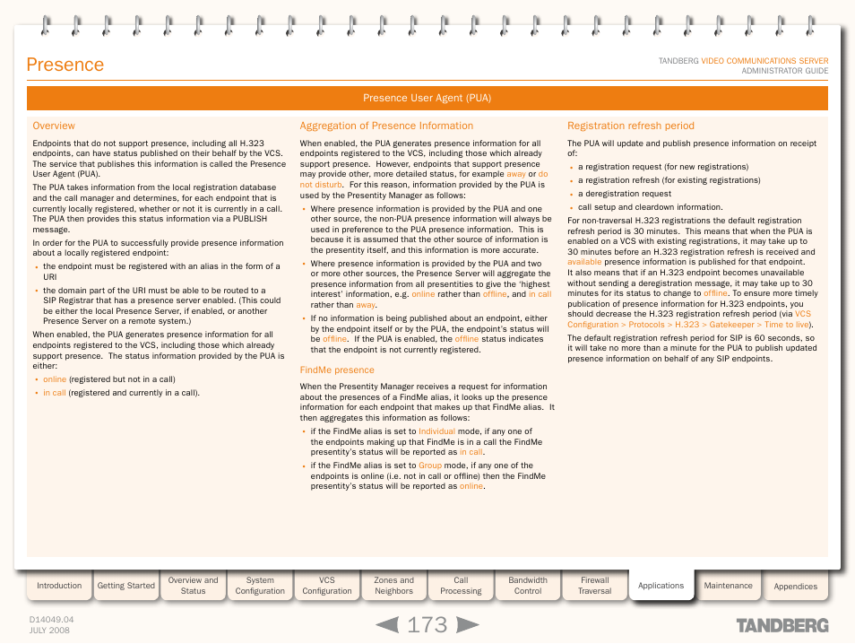 Presence user agent (pua), Overview, Aggregation of presence information | Findme presence, Registration refresh period, Overview aggregation of presence information, Presence user agent, Presence | TANDBERG D14049.04 User Manual | Page 173 / 276