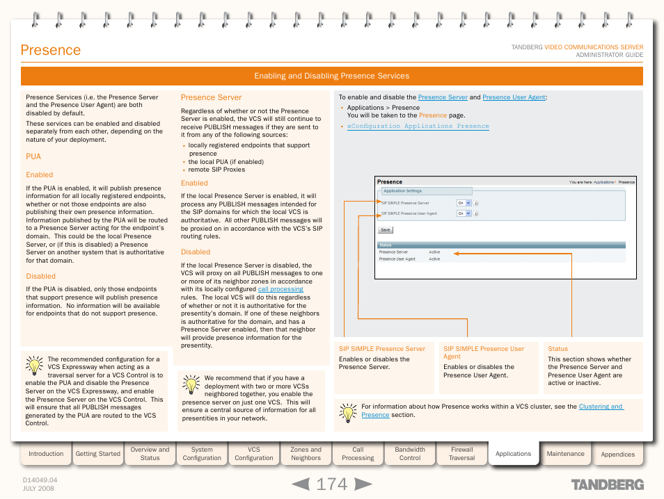 Enabling and disabling presence services, Enabled, Disabled | Presence server, Enabled disabled, Enabled and disabled, Presence | TANDBERG D14049.04 User Manual | Page 174 / 276