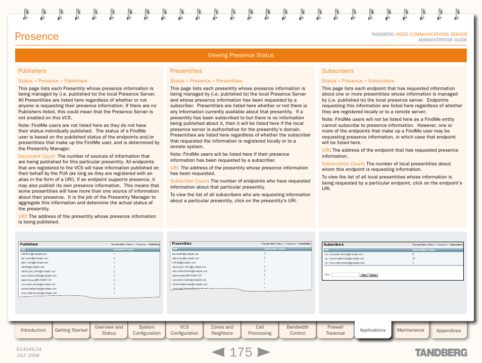 Viewing presence status, Publishers, Presentities | Subscribers, Publishers presentities subscribers, Viewing presence, Presence | TANDBERG D14049.04 User Manual | Page 175 / 276