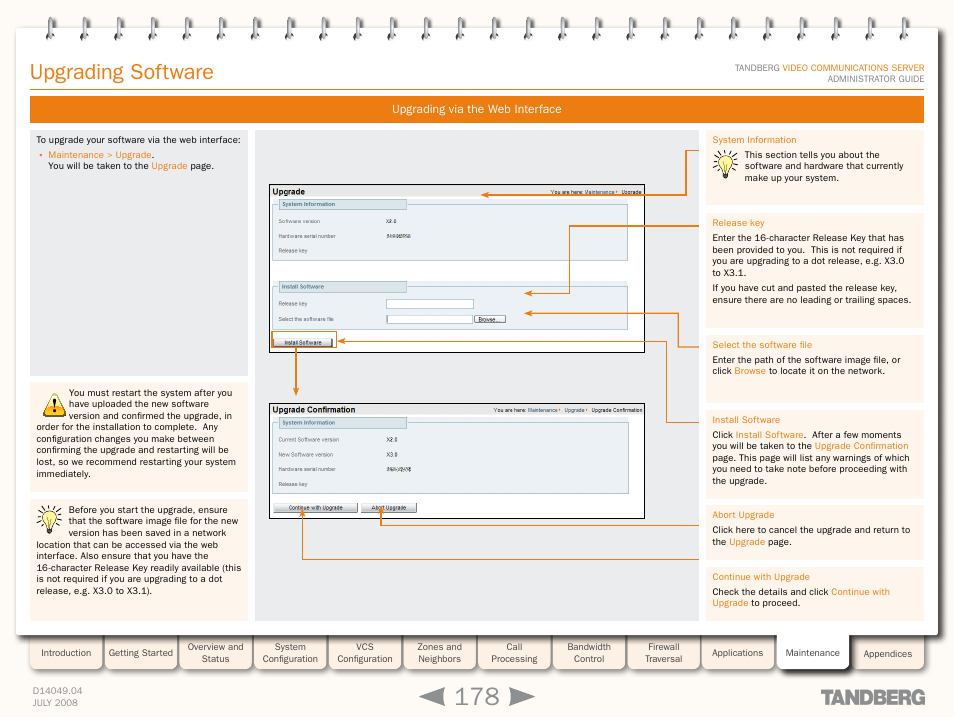 Upgrading via the web interface, Using the web interface (http/http, Upgrading software | TANDBERG D14049.04 User Manual | Page 178 / 276