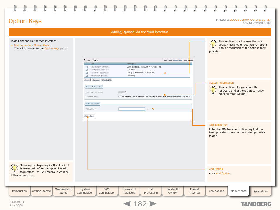 Adding options via the web interface, Via the web interfac, Option keys | TANDBERG D14049.04 User Manual | Page 182 / 276
