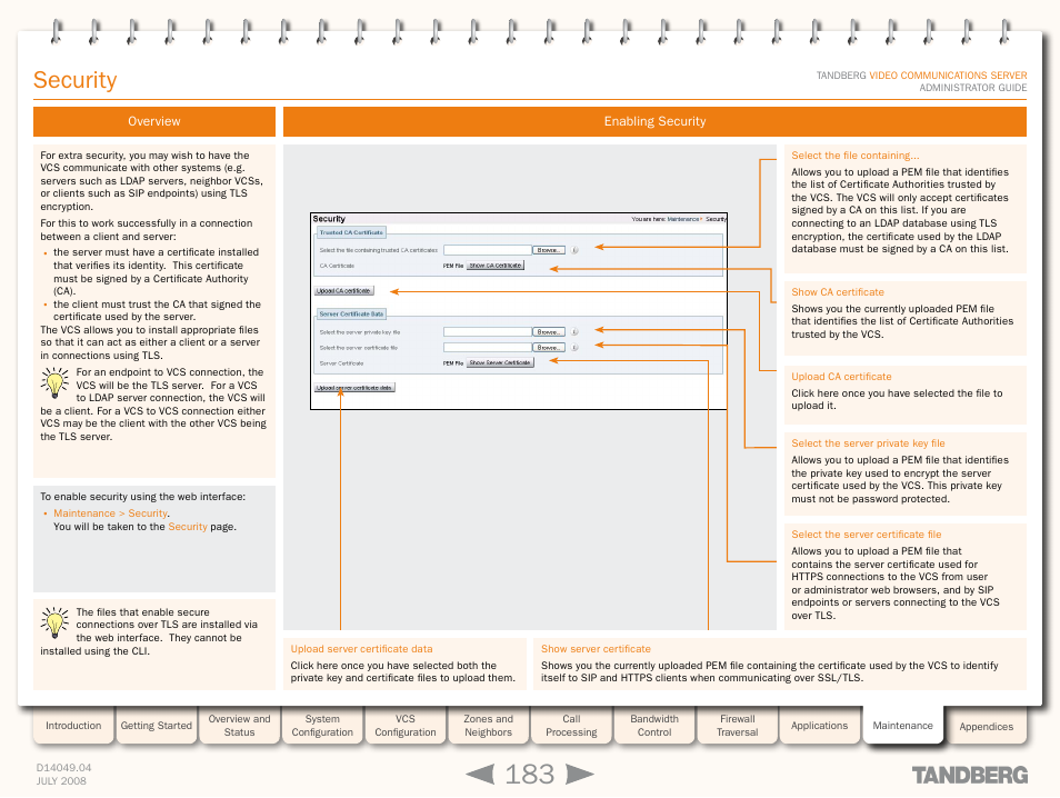 Security, Overview, Enabling security | Overview enabling security, Manage security certificates | TANDBERG D14049.04 User Manual | Page 183 / 276