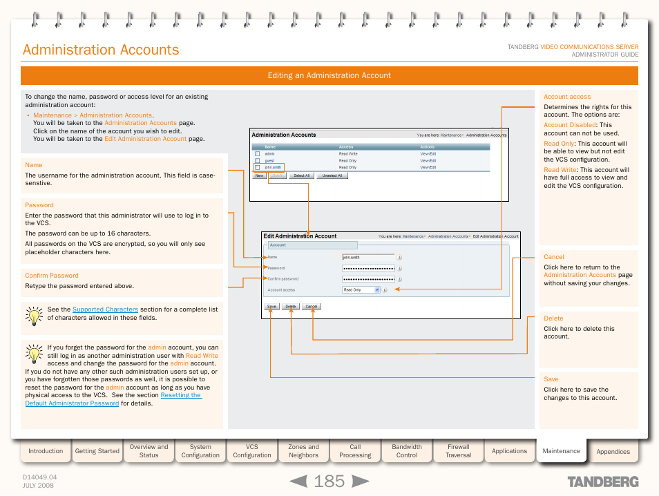 Editing an administration account, Administration accounts | TANDBERG D14049.04 User Manual | Page 185 / 276