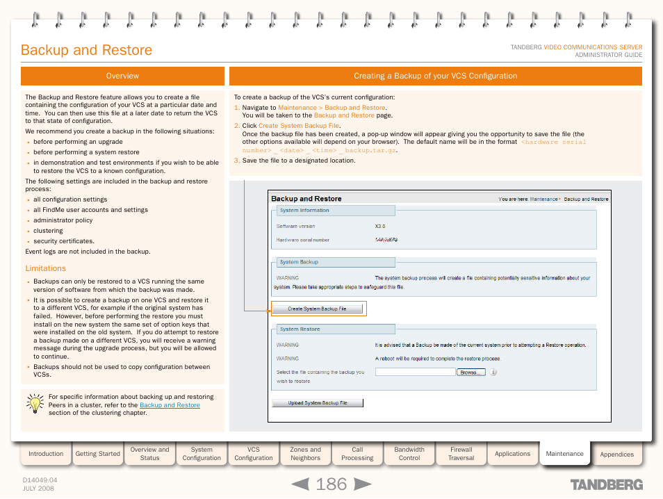 Backup and restore, Overview, Limitations | Creating a backup of your vcs configuration, Backup and, Restore | TANDBERG D14049.04 User Manual | Page 186 / 276