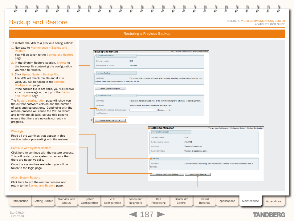 Restoring a previous backup, Backup and restore | TANDBERG D14049.04 User Manual | Page 187 / 276