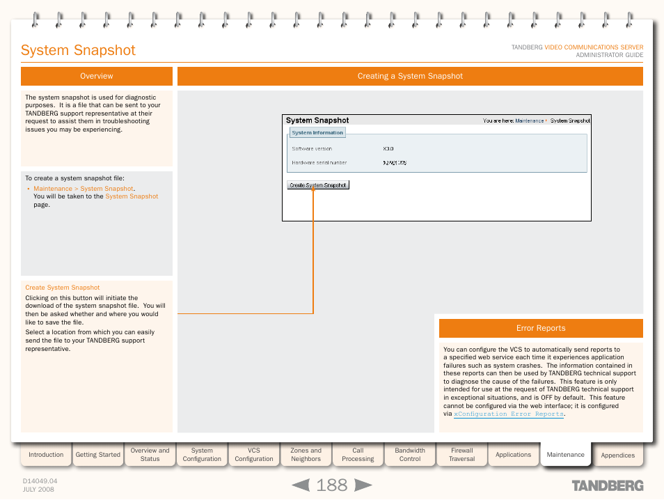 System snapshot, Overview, Creating a system snapshot | Error reports, Overview creating a system snapshot error reports, Create a system snapshot | TANDBERG D14049.04 User Manual | Page 188 / 276