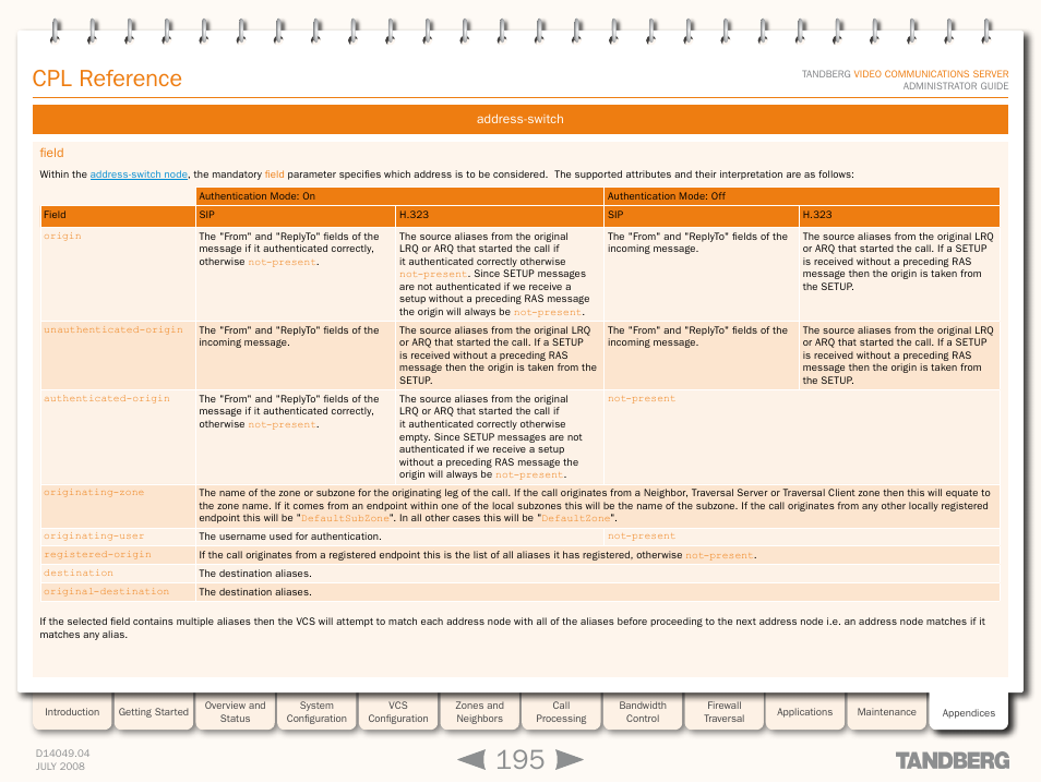 Field, Cpl reference | TANDBERG D14049.04 User Manual | Page 195 / 276