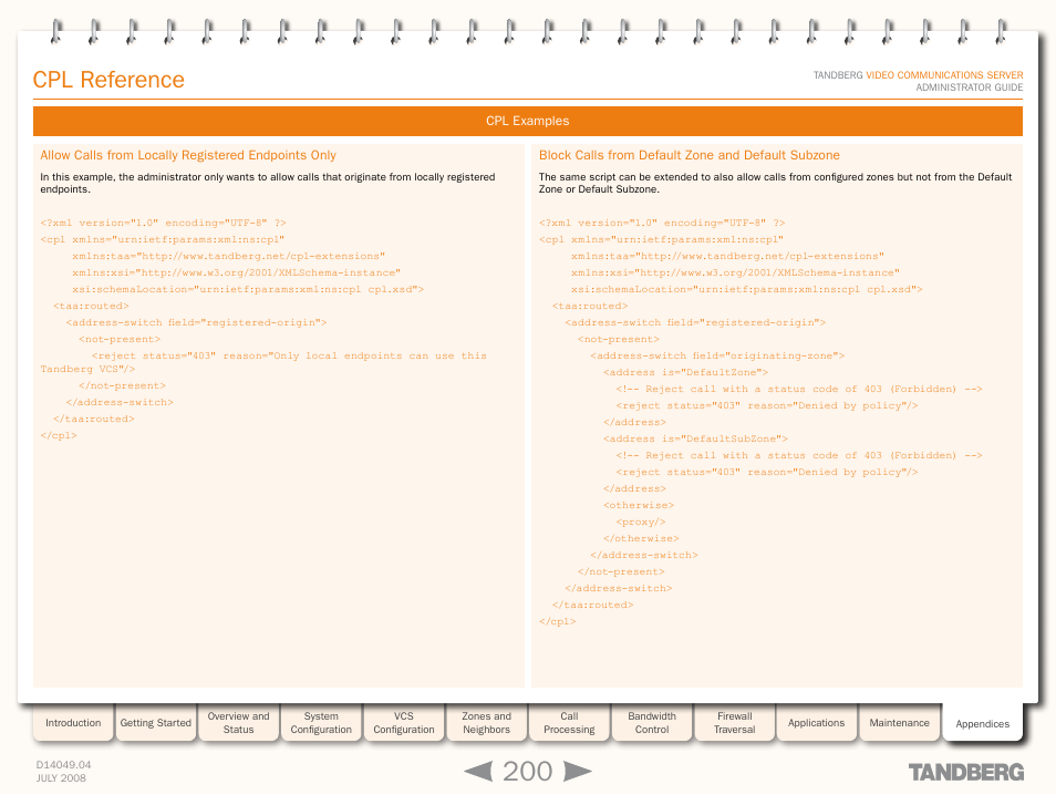 Allow calls from locally registered endpoints only, Block calls from default zone and default subzone, Cpl reference | TANDBERG D14049.04 User Manual | Page 200 / 276