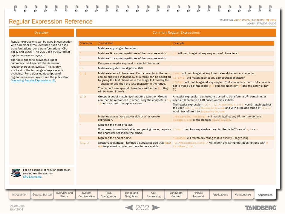 Regular expression reference, Overview, Common regular expressions | Overview common regular expressions, Regular expression, Reference, Regular expression referenc | TANDBERG D14049.04 User Manual | Page 202 / 276