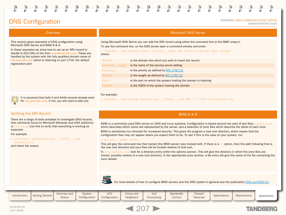 Dns configuration, Overview, Verifying the srv record | Microsoft dns server, Bind 8 & 9, Microsoft dns server bind 8 & 9, Dns configuratio | TANDBERG D14049.04 User Manual | Page 207 / 276