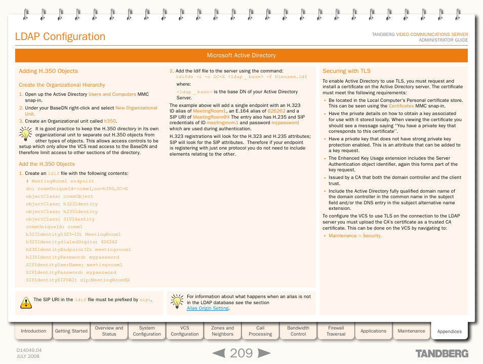 Adding h.350 objects, Create the organizational hierarchy, Add the h.350 objects | Securing with tls, Ldap configuration | TANDBERG D14049.04 User Manual | Page 209 / 276