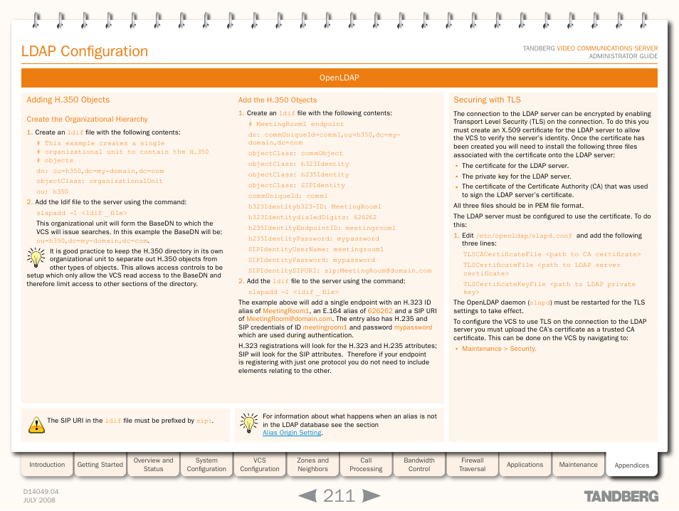 Adding h.350 objects, Create the organizational hierarchy, Add the h.350 objects | Securing with tls, Ldap configuration | TANDBERG D14049.04 User Manual | Page 211 / 276