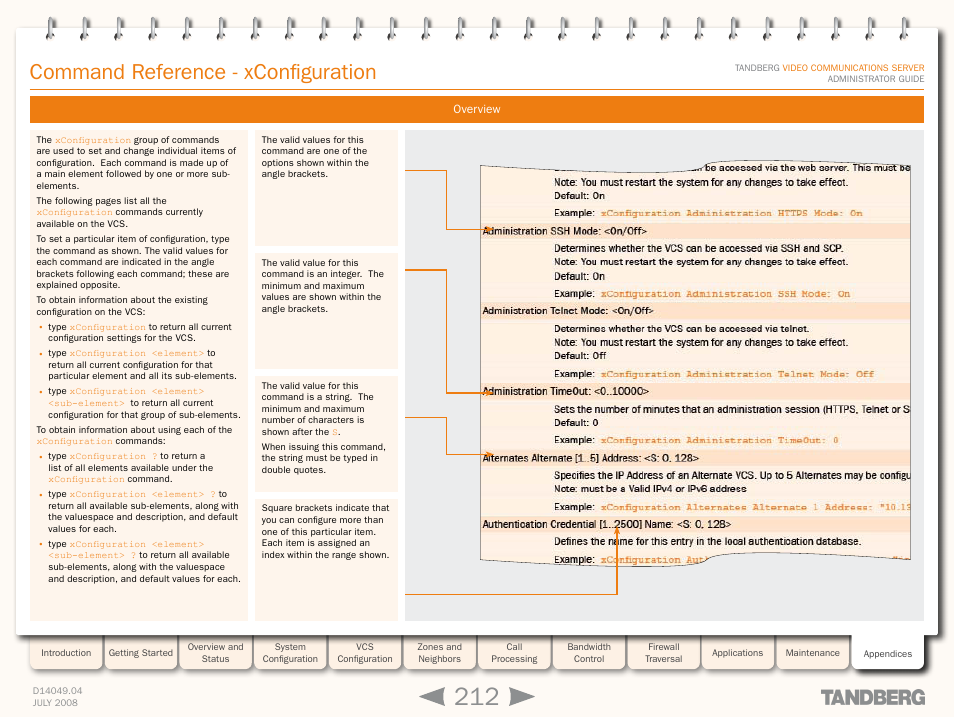 Command reference - xconfiguration, Xconfiguration <element> <subelement, Command reference | Xconfiguration, Xconfiguration reference, Xconfiguration command referenc | TANDBERG D14049.04 User Manual | Page 212 / 276