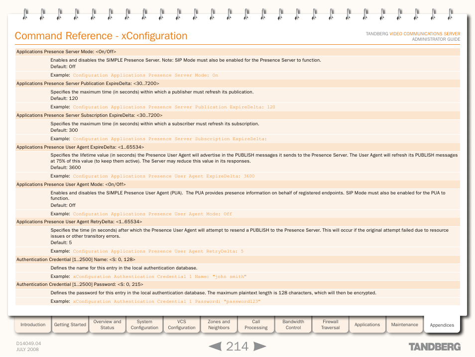 Xconfiguration authenticatio, Xconfiguration authentication, Xconfiguration applications presenc | Command reference - xconfiguration | TANDBERG D14049.04 User Manual | Page 214 / 276